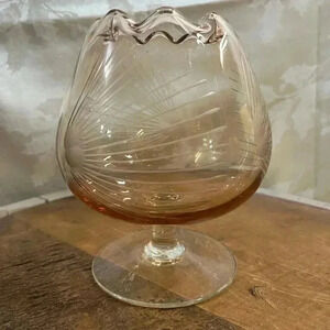 Vintage PINK DEPRESSION GLASS Footed  SNIFTER Centerpiece Bowl Etched Ruffle Rim